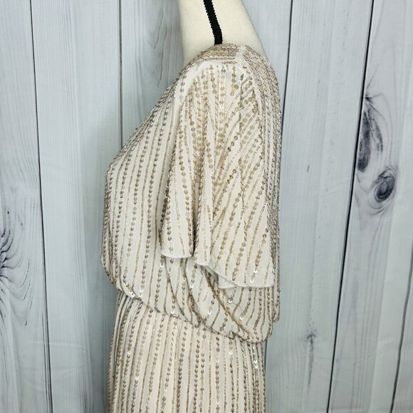 Show Me Your MuMu Sz L Michelle Flutter Dress Gown Show Me the Ring Beaded Beige - Picture 6 of 12